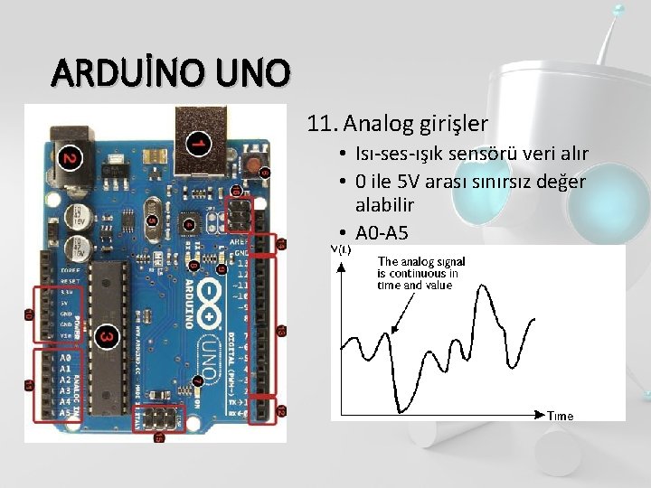 ARDUİNO UNO 11. Analog girişler • Isı-ses-ışık sensörü veri alır • 0 ile 5