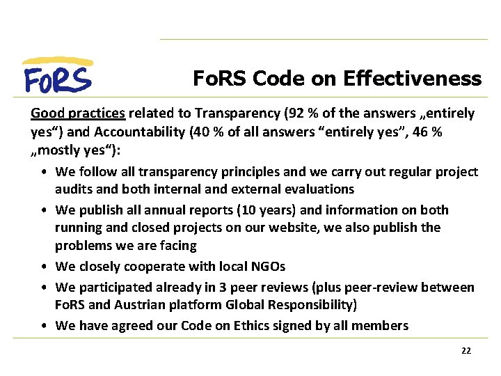 Fo. RS Code on Effectiveness Good practices related to Transparency (92 % of the