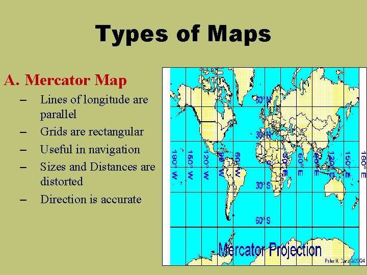 Types of Maps A. Mercator Map – – – Lines of longitude are parallel