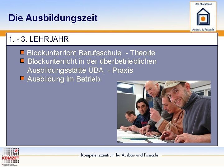 Die Ausbildungszeit 1. - 3. LEHRJAHR Blockunterricht Berufsschule - Theorie Blockunterricht in der überbetrieblichen