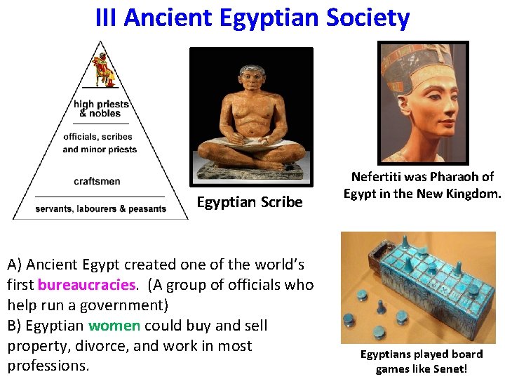 III Ancient Egyptian Society Egyptian Scribe A) Ancient Egypt created one of the world’s