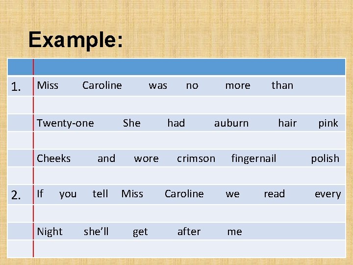 Example: 1. Miss Caroline Twenty-one Cheeks 2. If you Night was She and tell