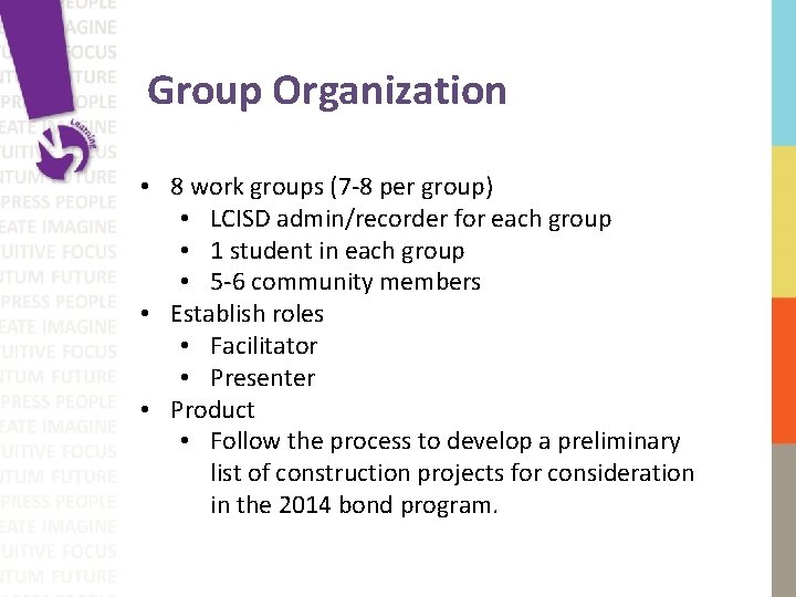 Group Organization • 8 work groups (7 -8 per group) • LCISD admin/recorder for