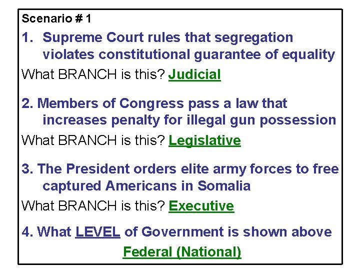 Scenario # 1 1. Supreme Court rules that segregation violates constitutional guarantee of equality