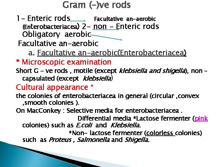 Gram (–)ve rods 1 - Enteric rods Facultative an-aerobic (Enterobacteriacea) 2 - non -