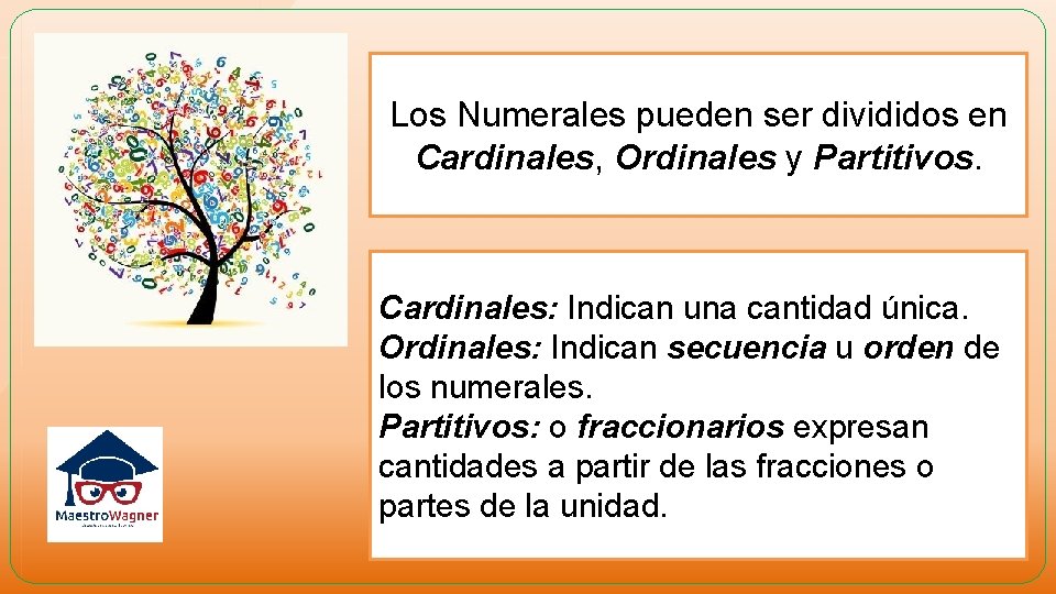 Los Numerales pueden ser divididos en Cardinales, Ordinales y Partitivos. Cardinales: Indican una cantidad