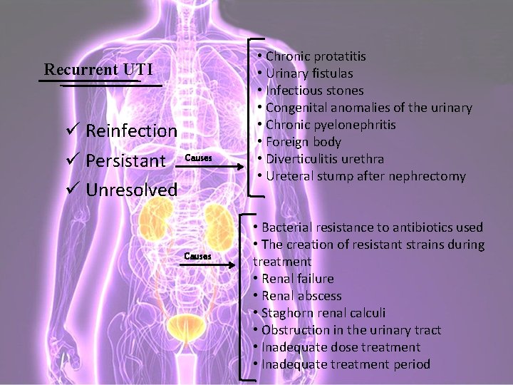 Recurrent UTI ü Reinfection ü Persistant ü Unresolved Causes • Chronic protatitis • Urinary