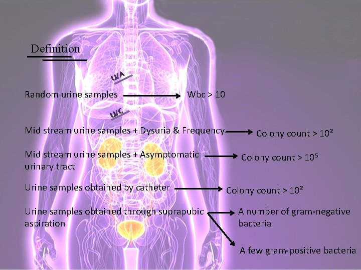 Definition U/A Random urine samples Wbc > 10 U/C Mid stream urine samples +