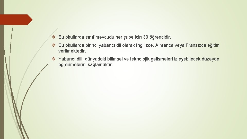  Bu okullarda sınıf mevcudu her şube için 30 öğrencidir. Bu okullarda birinci yabancı