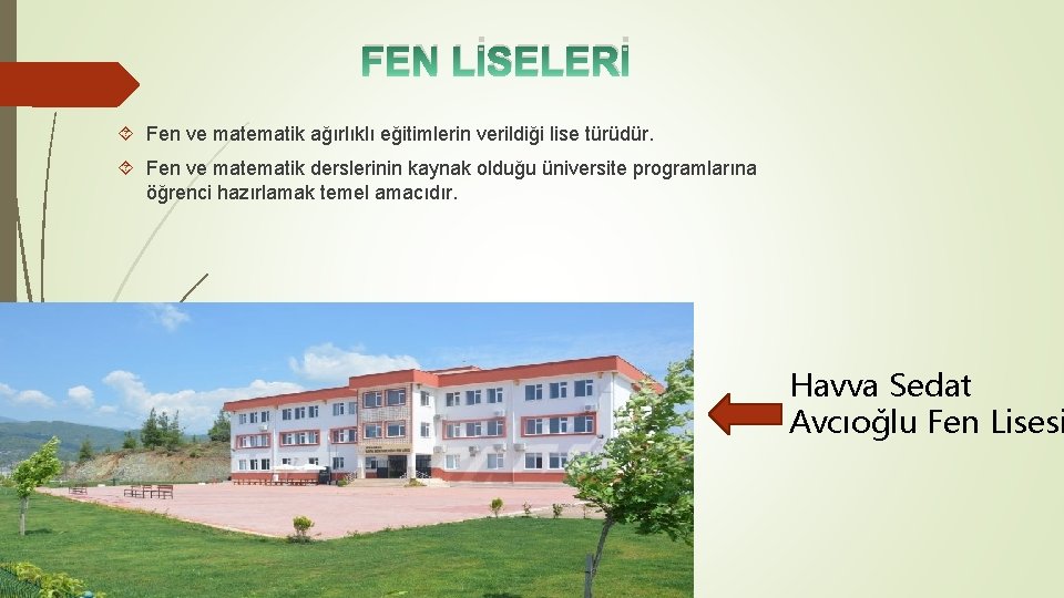 FEN LİSELERİ Fen ve matematik ağırlıklı eğitimlerin verildiği lise türüdür. Fen ve matematik derslerinin