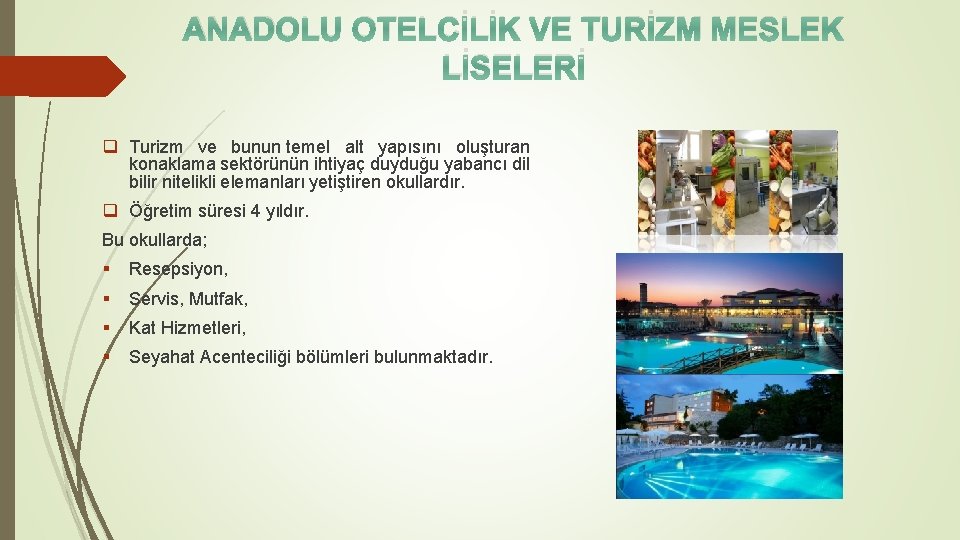 ANADOLU OTELCİLİK VE TURİZM MESLEK LİSELERİ q Turizm ve bunun temel alt yapısını oluşturan