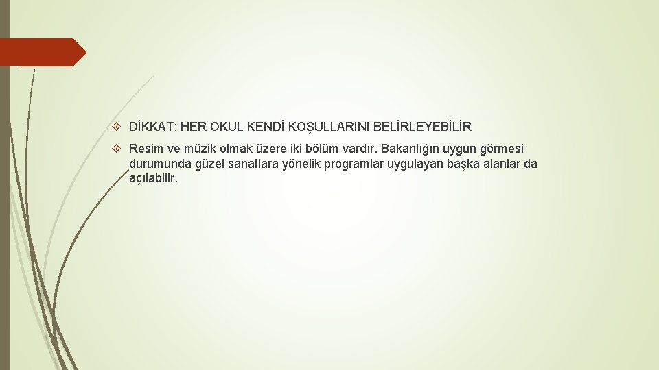  DİKKAT: HER OKUL KENDİ KOŞULLARINI BELİRLEYEBİLİR Resim ve müzik olmak üzere iki bölüm