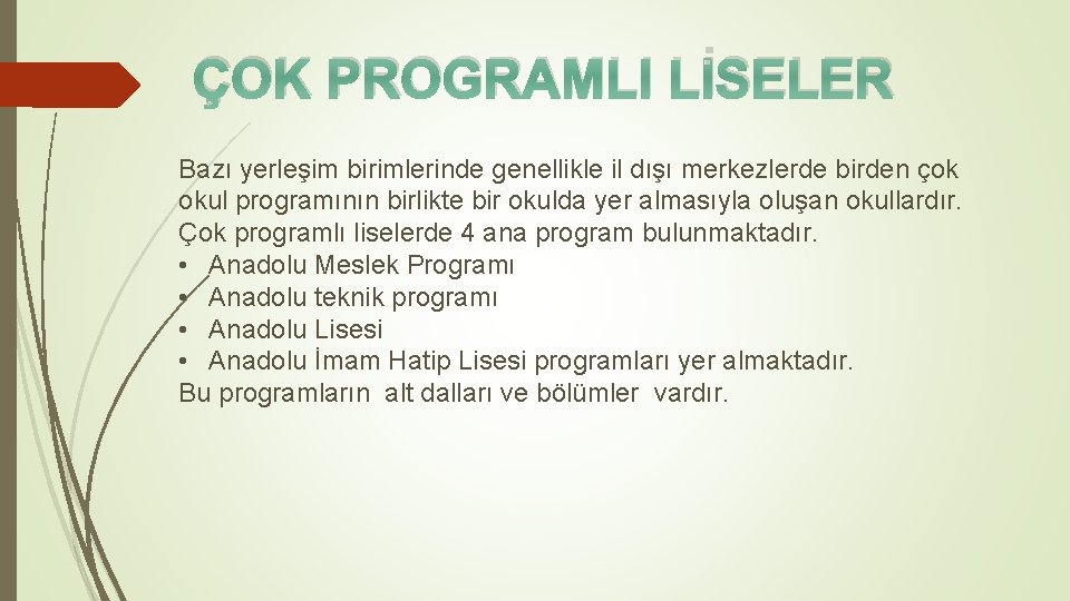 ÇOK PROGRAMLI LİSELER Bazı yerleşim birimlerinde genellikle il dışı merkezlerde birden çok okul programının