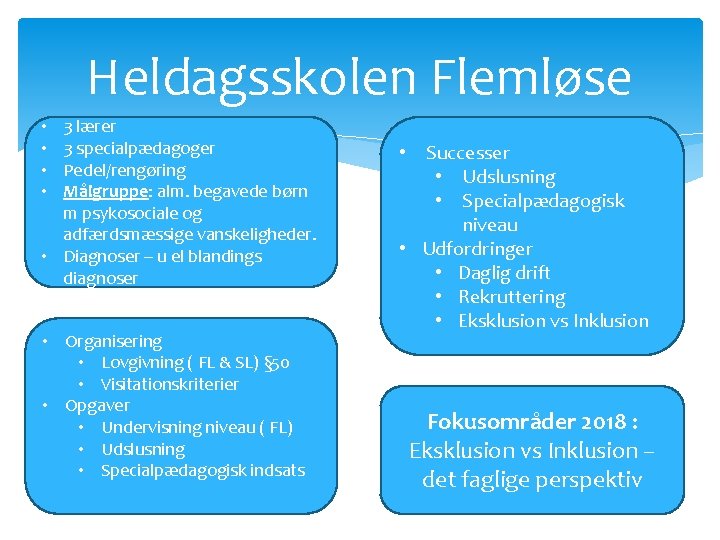 Heldagsskolen Flemløse 3 lærer 3 specialpædagoger Pedel/rengøring Målgruppe: alm. begavede børn m psykosociale og
