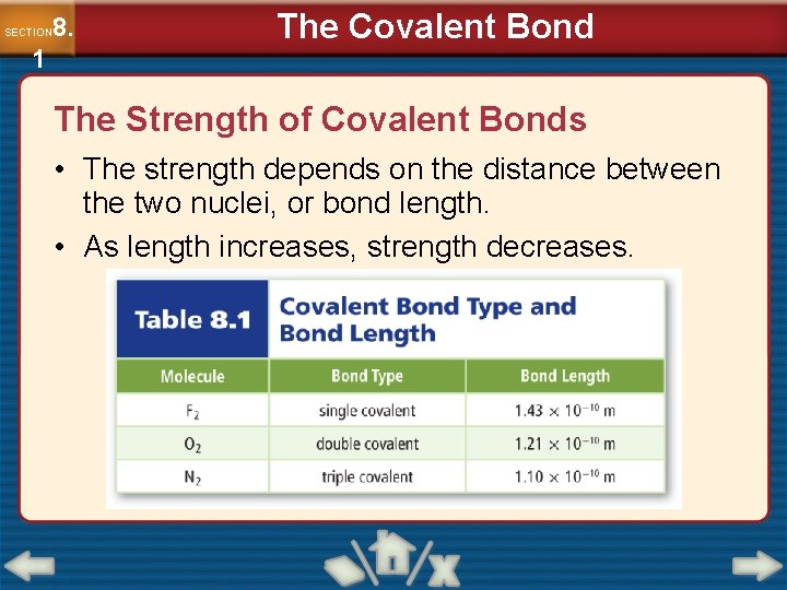 8. SECTION 1 The Covalent Bond The Strength of Covalent Bonds • The strength