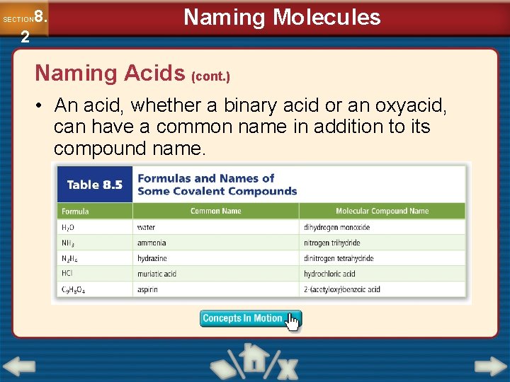 8. SECTION 2 Naming Molecules Naming Acids (cont. ) • An acid, whether a