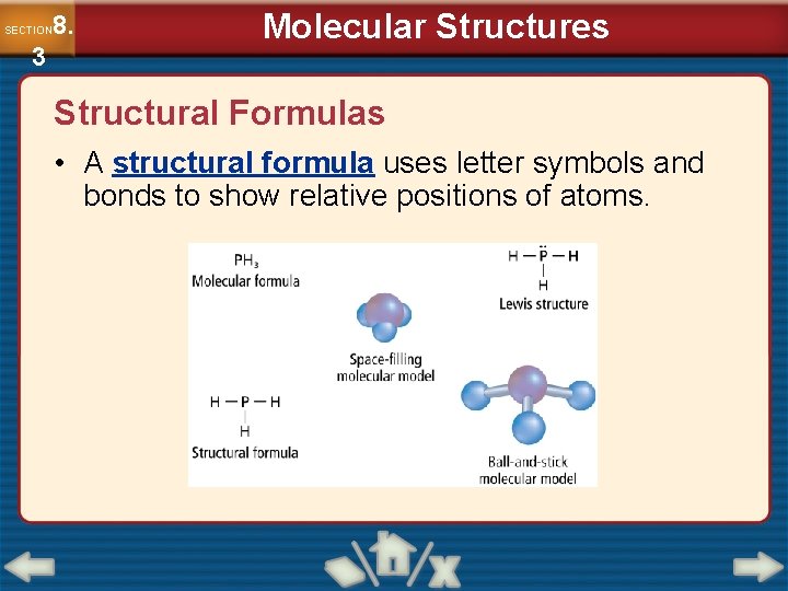8. SECTION 3 Molecular Structures Structural Formulas • A structural formula uses letter symbols