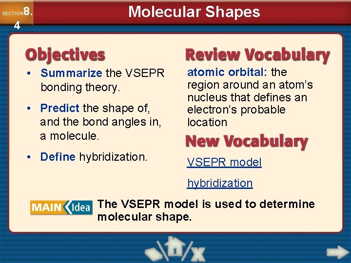 8. SECTION 4 Molecular Shapes • Summarize the VSEPR bonding theory. • Predict the