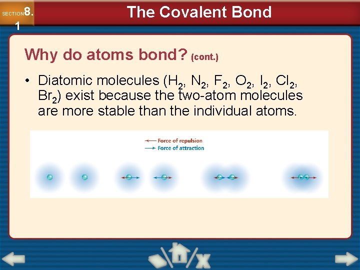 8. SECTION 1 The Covalent Bond Why do atoms bond? (cont. ) • Diatomic
