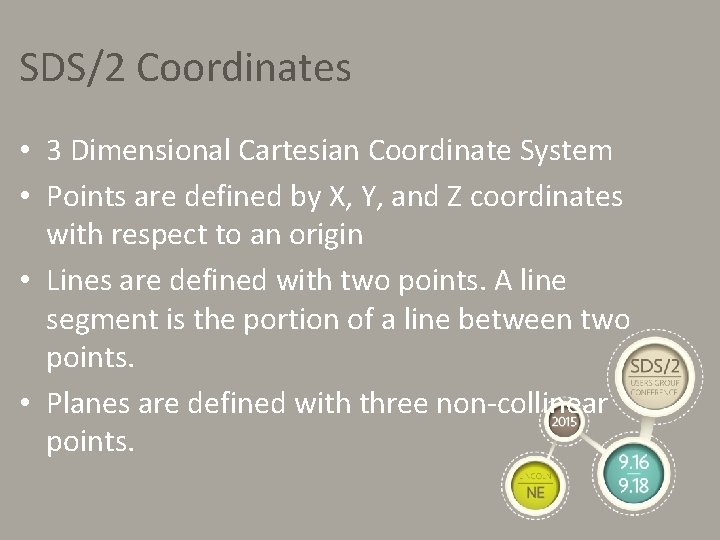 SDS/2 Coordinates • 3 Dimensional Cartesian Coordinate System • Points are defined by X,