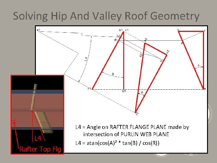 Solving Hip And Valley Roof Geometry L 4 = Angle on RAFTER FLANGE PLANE