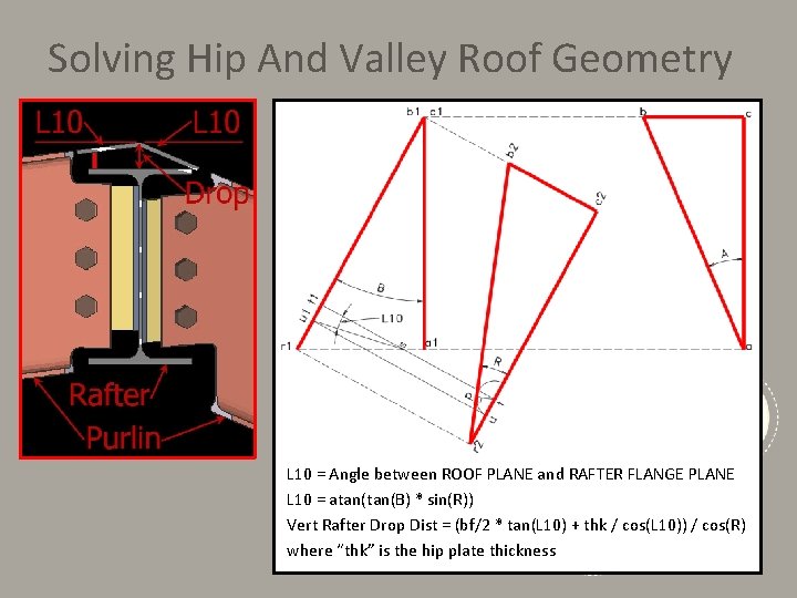 Solving Hip And Valley Roof Geometry L 10 = Angle between ROOF PLANE and