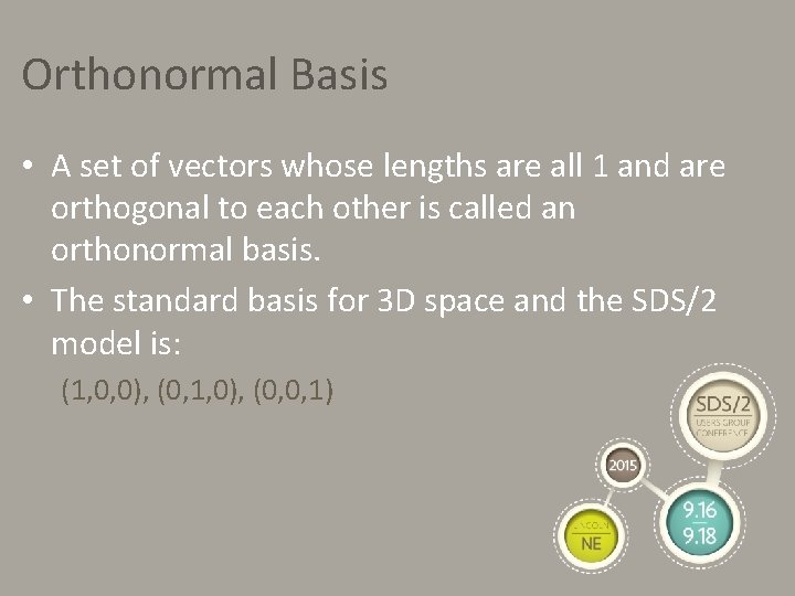 Orthonormal Basis • A set of vectors whose lengths are all 1 and are