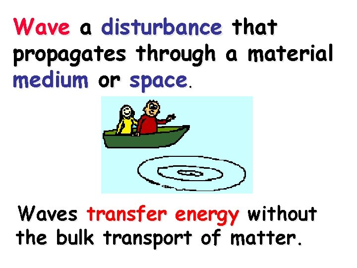 Wave a disturbance that propagates through a material medium or space. Waves transfer energy