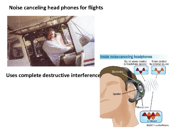 Noise canceling head phones for flights Uses complete destructive interference 