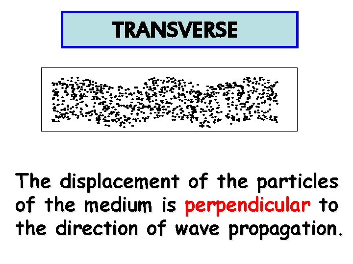 TRANSVERSE The displacement of the particles of the medium is perpendicular to the direction