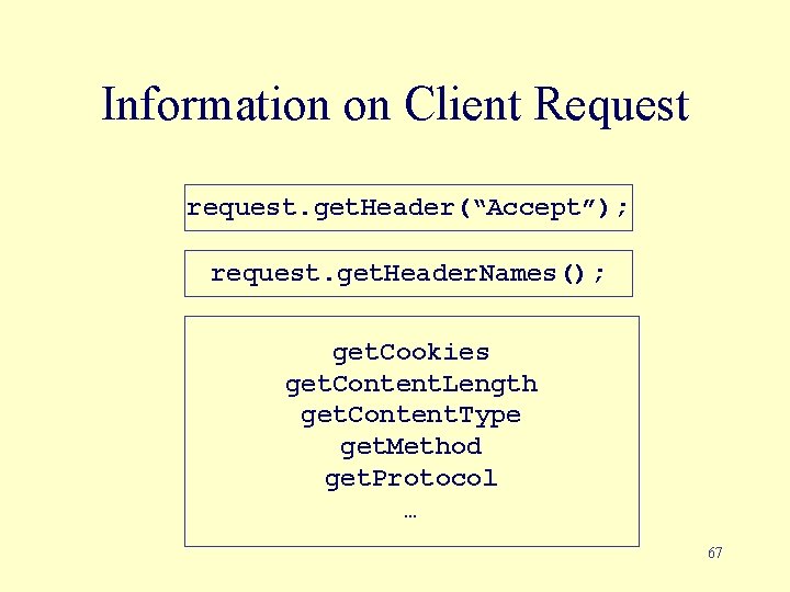 Information on Client Request request. get. Header(“Accept”); request. get. Header. Names(); get. Cookies get.