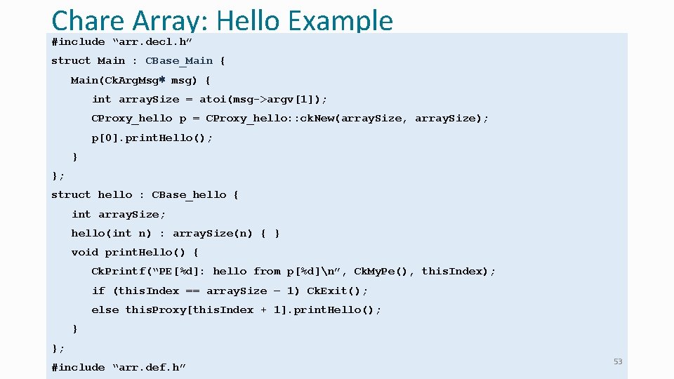 Chare Array: Hello Example #include “arr. decl. h” struct Main : CBase_Main { Main(Ck.