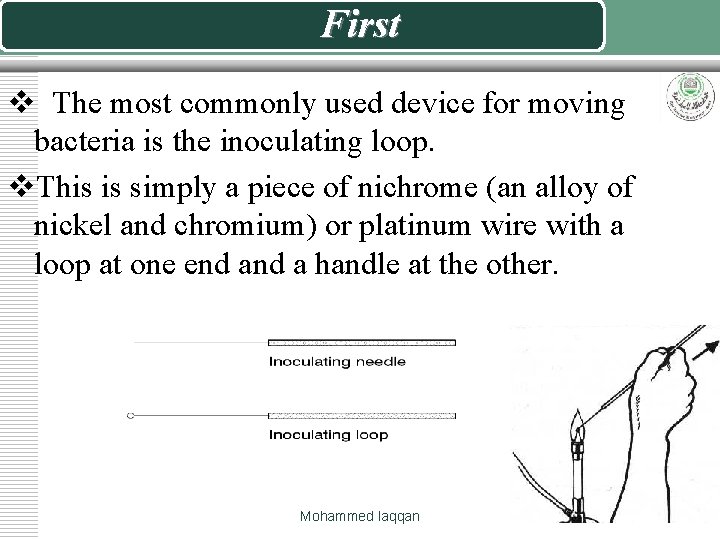 First v The most commonly used device for moving bacteria is the inoculating loop.