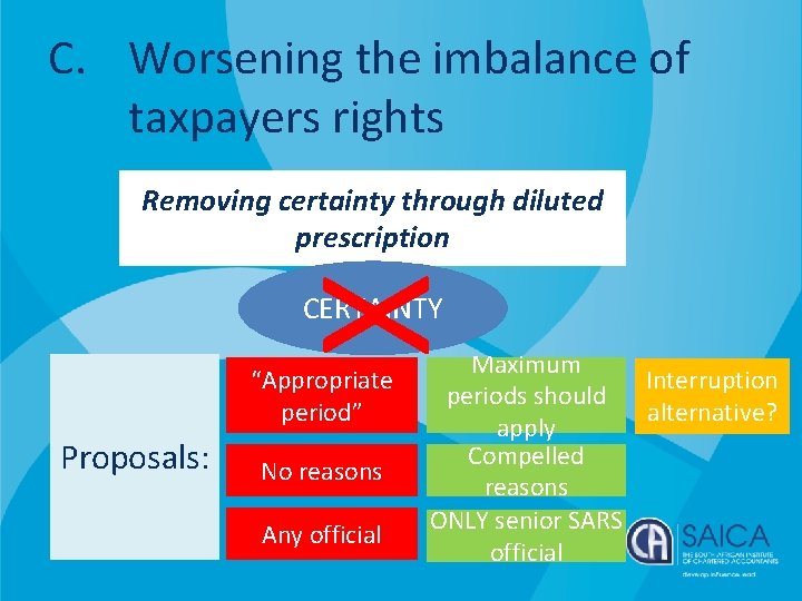 C. Worsening the imbalance of taxpayers rights X Removing certainty through diluted prescription CERTAINTY