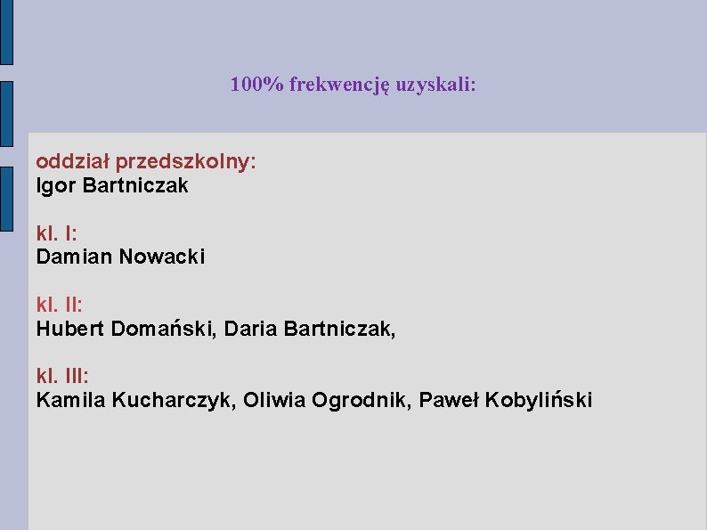 100% frekwencję uzyskali: oddział przedszkolny: Igor Bartniczak kl. I: Damian Nowacki kl. II: Hubert