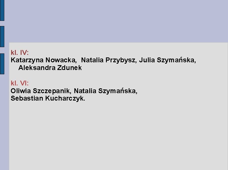 kl. IV: Katarzyna Nowacka, Natalia Przybysz, Julia Szymańska, Aleksandra Zdunek kl. VI: Oliwia Szczepanik,