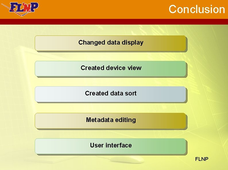 Conclusion Changed data display Created device view Created data sort Metadata editing User interface