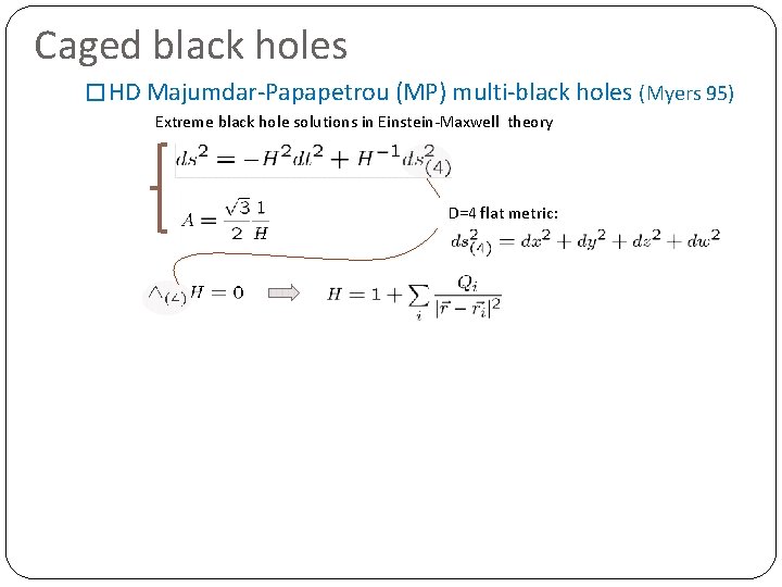 Caged black holes � HD Majumdar-Papapetrou (MP) multi-black holes (Myers 95) Extreme black hole