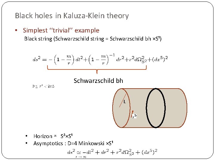 Black holes in Kaluza-Klein theory • Simplest ‘‘trivial’’ example Black string (Schwarzschild string =