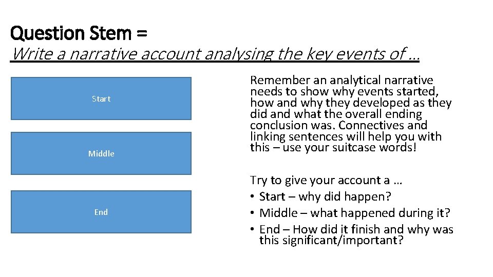 Question Stem = Write a narrative account analysing the key events of … Start