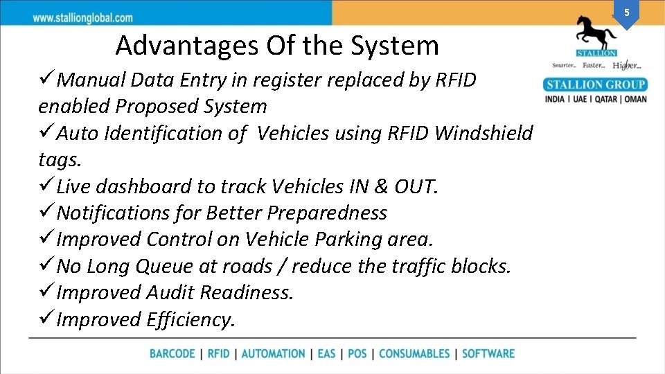 5 Advantages Of the System üManual Data Entry in register replaced by RFID enabled
