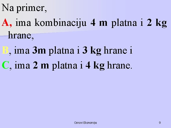 Na primer, A, ima kombinaciju 4 m platna i 2 kg hrane, B, ima