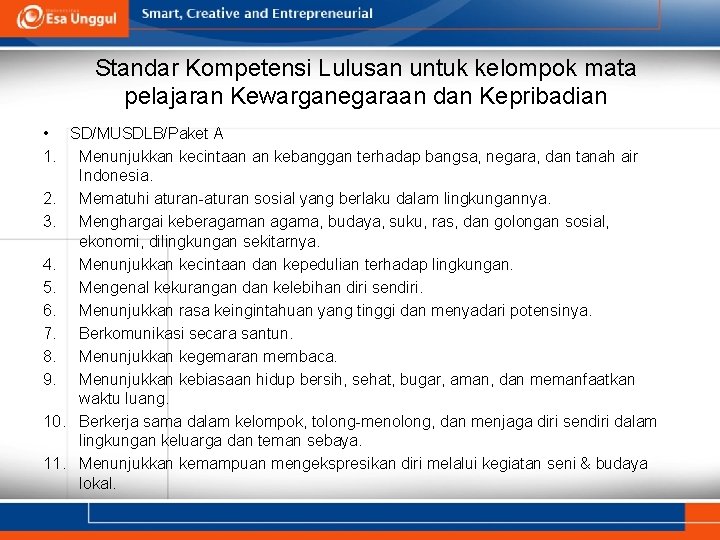 Standar Kompetensi Lulusan untuk kelompok mata pelajaran Kewarganegaraan dan Kepribadian • SD/MUSDLB/Paket A 1.