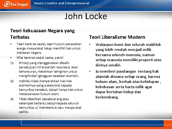 John Locke Teori Kekuasaan Negara yang Terbatas Teori kontrak sosial, teori hukum perwakilan warga