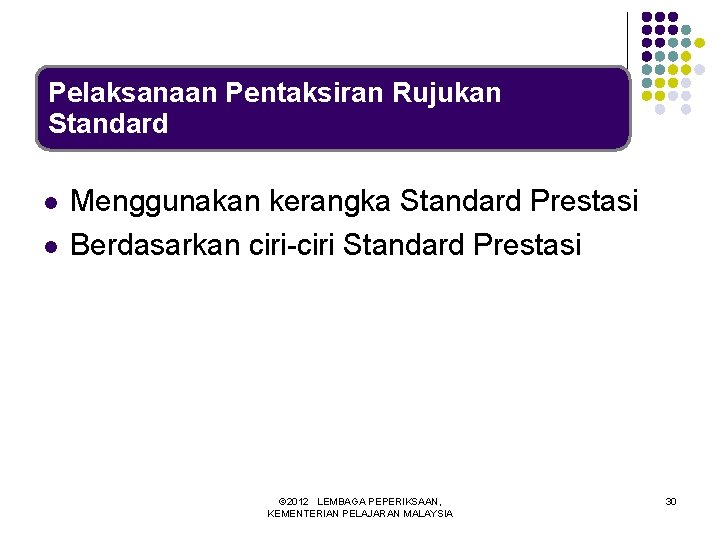 Pelaksanaan Pentaksiran Rujukan Standard l l Menggunakan kerangka Standard Prestasi Berdasarkan ciri-ciri Standard Prestasi