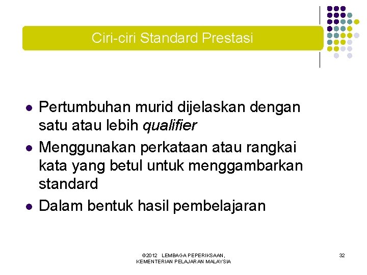 Ciri-ciri Standard Prestasi l l l Pertumbuhan murid dijelaskan dengan satu atau lebih qualifier