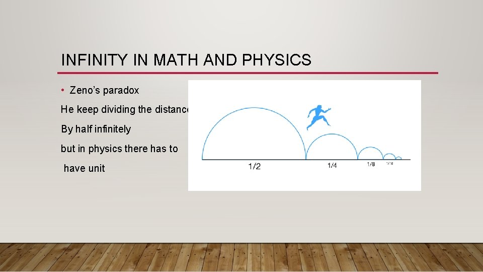 INFINITY IN MATH AND PHYSICS • Zeno’s paradox He keep dividing the distance By