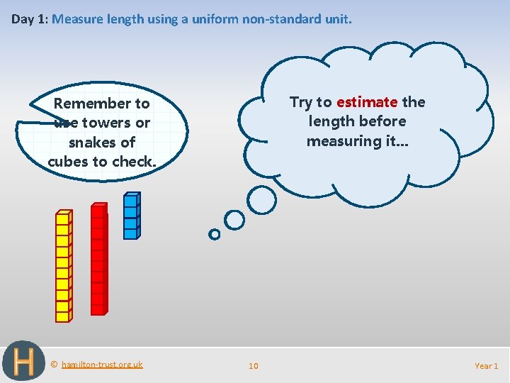 Day 1: Measure length using a uniform non-standard unit. Look around the Try to