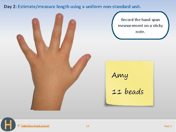 Day 2: Estimate/measure length using a uniform non-standard unit. Record the hand span measurement