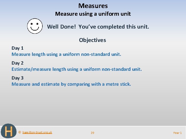 Measures Measure using a uniform unit Well Done! You’ve completed this unit. Objectives Day